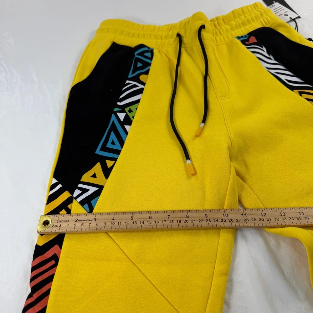 Create 2MRW Men Yellow Tribal Geometric Print Jogger Sweatpants Ankle Zip NWT